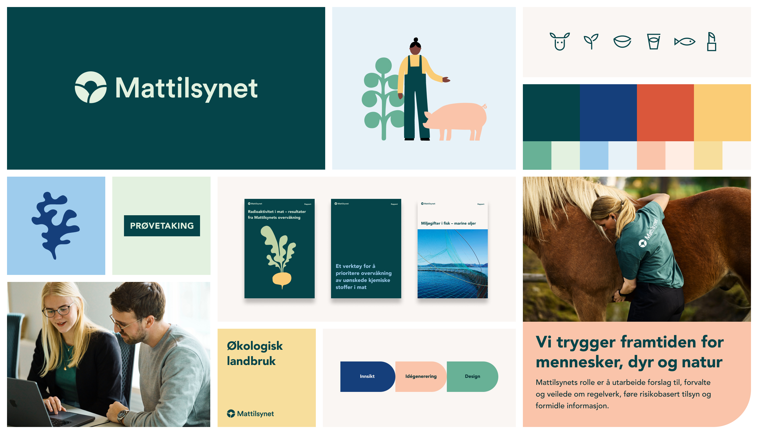 Ulike foto, illustrasjoner, ikoner og farger fra Mattilsynets visuelle identitet