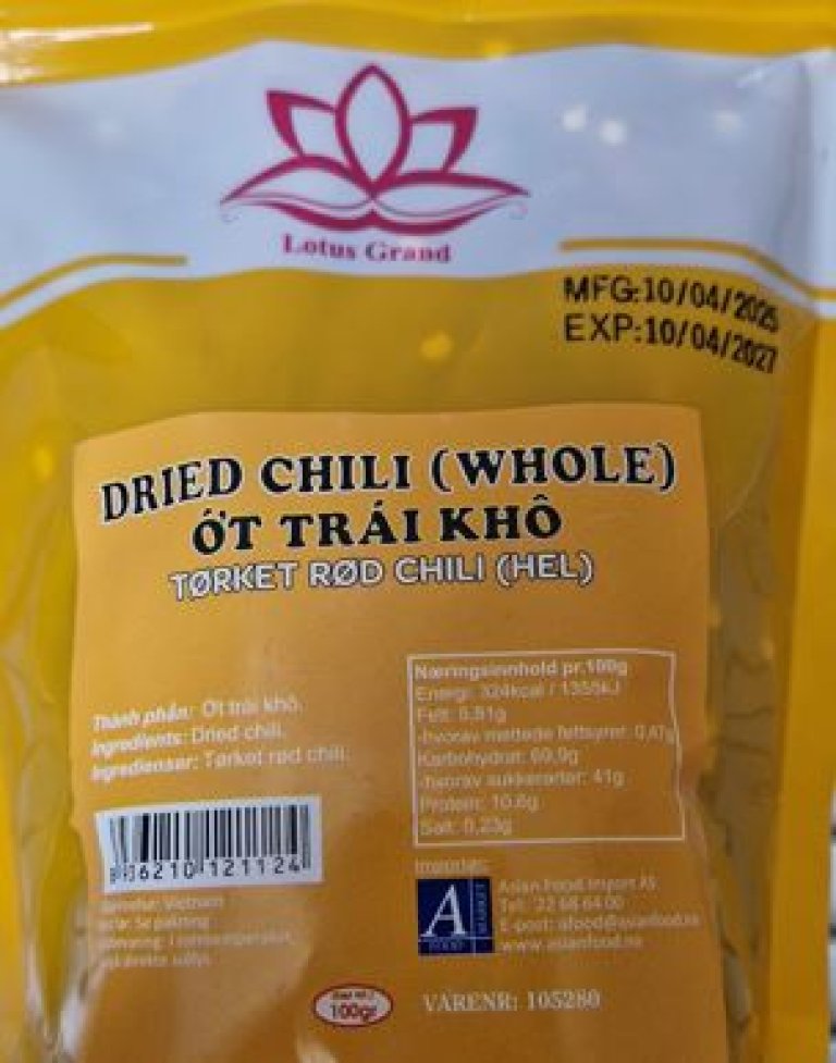 Gul pakning med rød tørket chili med norsk merking