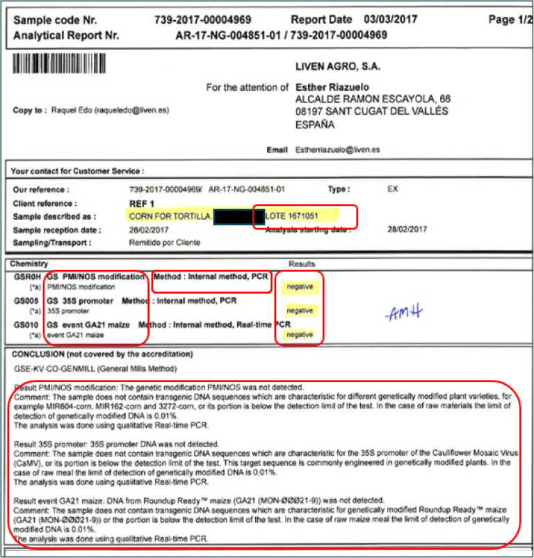 Eksempel på partispesifikt GMO-sertifikat fra leverandør