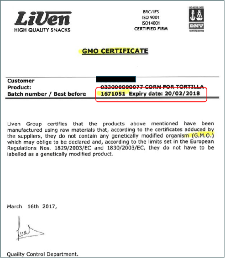 Eksempel på partispesifikt GMO-sertifikat fra leverandør