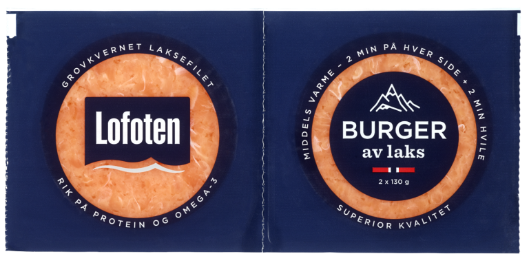 Pakke med to runde lakseburgere pakket i plast
