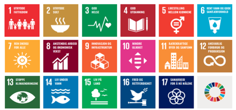Figur 21: Figuren viser FNs bærekraftsmål mot 2030. Å reversere klimaendringer, utrydde sult, sikre rent vann, sikre bærekraftig forbruk og bevare biologisk mangfold og liv i sjøen og på land, er mål som er direkte relatert til Mattilsynets samfunnsoppdrag.