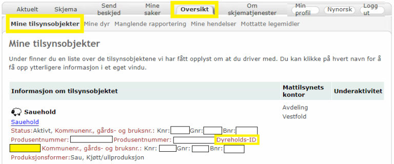 Dyreholds-IDen finner du under fanen Oversikt under oppførte tilsynsobjekter i skjematjenesten.