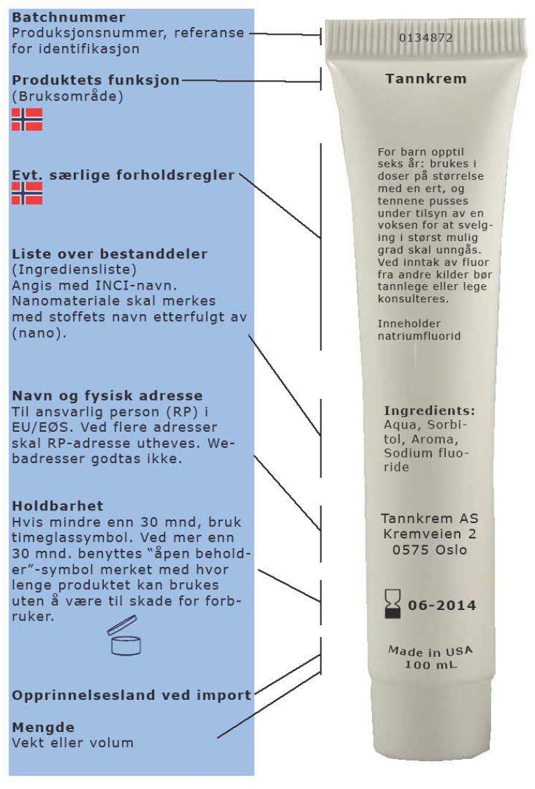 En generisk tannkremtube med uthevet tekst som eksempel på korrekt merking: Batchnummer, produktets funksjon, eventuelle særlige forholdsregler, liste over bestanddeler, holdbarhet, opprinnelsesland ved import, mengde.
