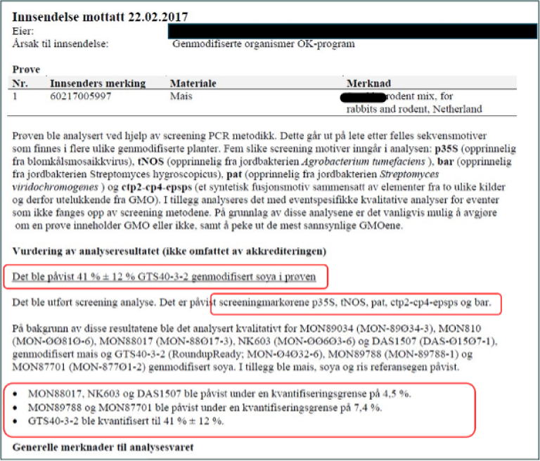 Bilde av analysebevis fra Veterinærinstituttet (fra OK-program GMO), som viser forurensning med soya i produkt uten deklarert innhold av soya.