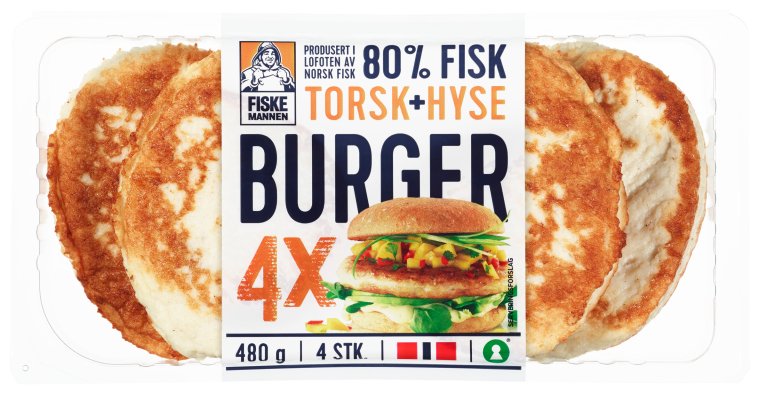 Fire stekte torsk+hyse burgere i transparent emballasje.