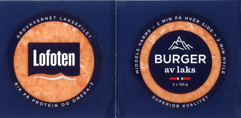 Lofotburger blå etikett med rosa laks