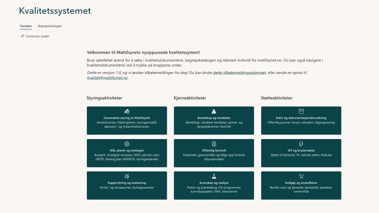 Bilde av forsiden til Mattilsynets kvalitetssystem.