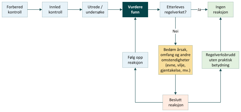 Oversikt over trinnene i kontrollprosessen. Her trinnet "Vurdere funn".