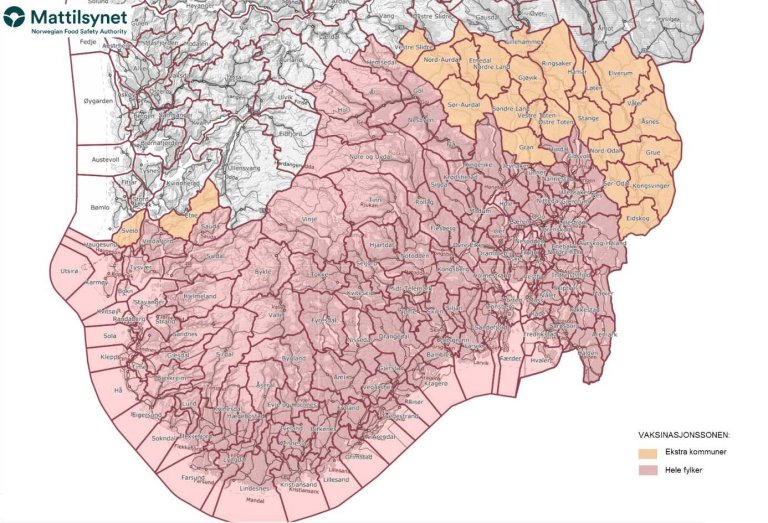 Kart som viser vaksinasjonssone per 28. april 2025