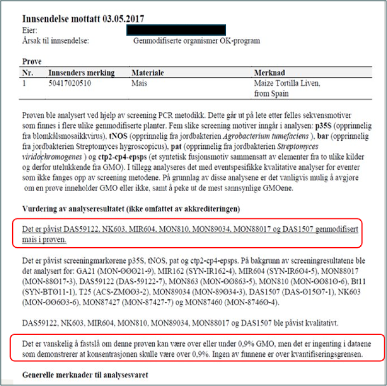 Analysebevis fra Veterinærinstituttet (fra OK-program GMO).
