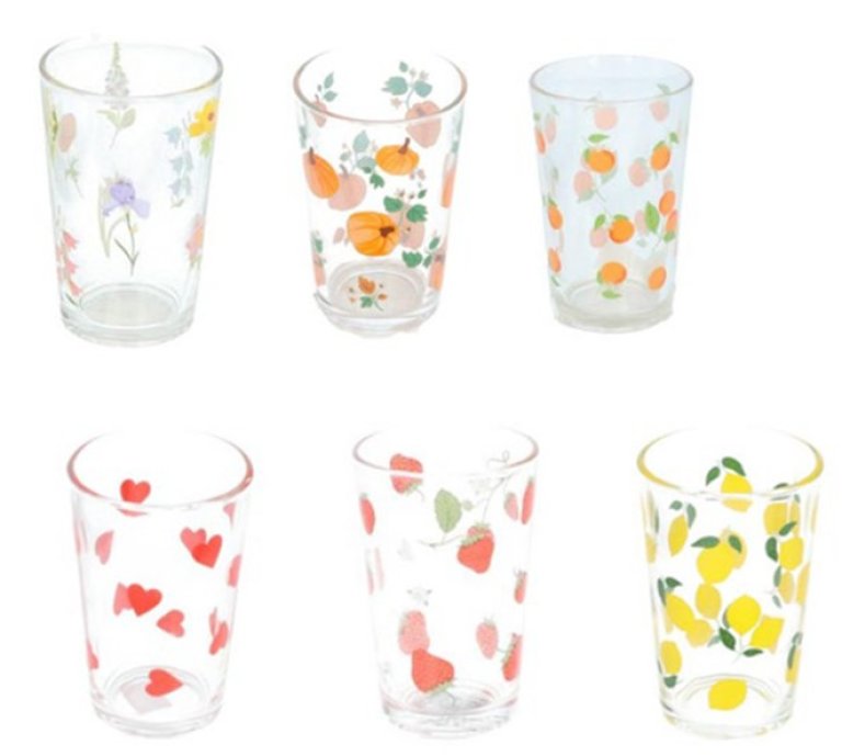 Seks drikkeglass med ulike motiver fra Flying tigers: blomster, gresskar, appelsiner, hjerter, jordbær, sitroner