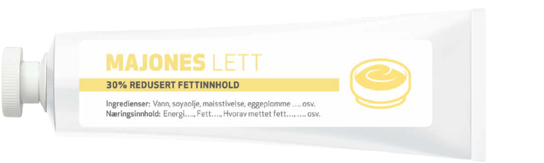 Bilde av et eksempel på en majonestube og hvordan den skal merkes hvis det er redusert fettinnhold.