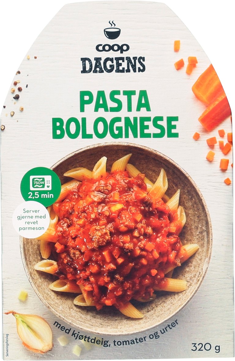 En pakke Pasta Bolognese 320 g fra Coop.