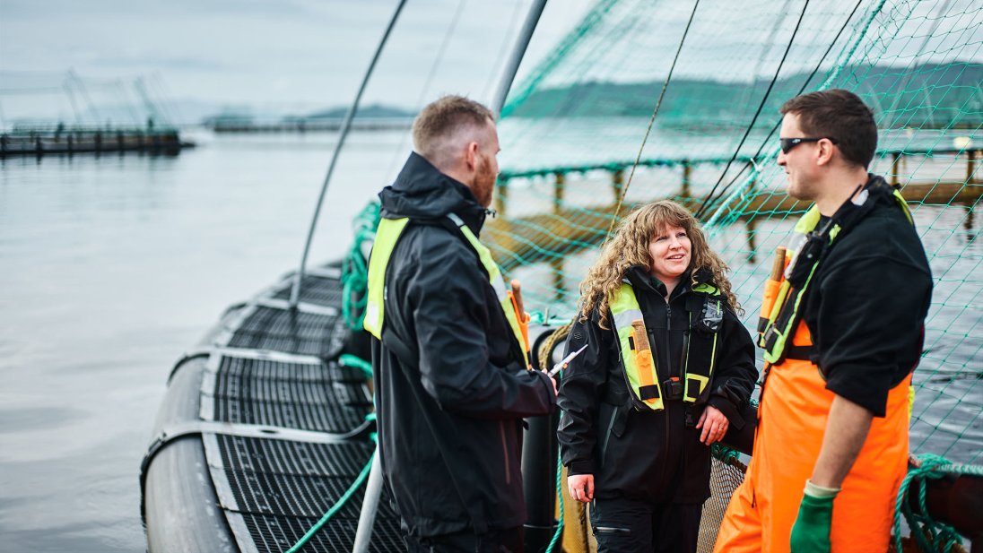 Bilde av en tre mennesker som står ved en merd på et oppdrettsanlegg