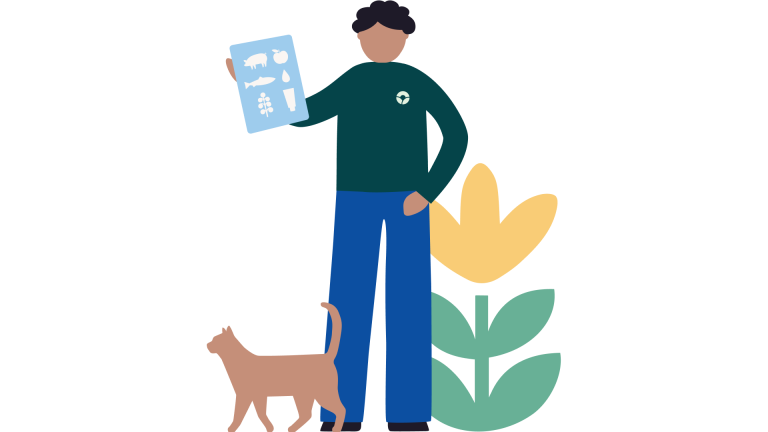 Illustrasjon av en inspektør fra Mattilsynet med en katt ved foten og en blomst bak.