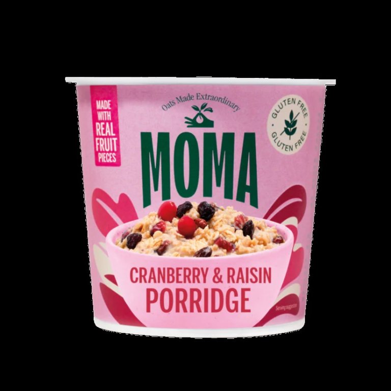 Rund kartong med teksten MOMA Cranberry & Raisin Porridge.